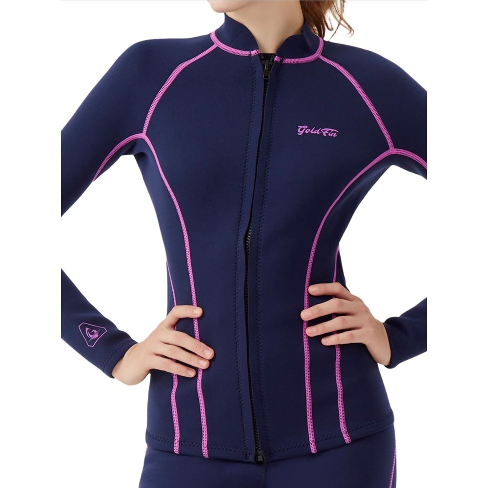 GoldFin Wetsuit Top Womens 2mm Navy Pink Excellent Zip Front Long Sleeve Jacket